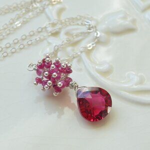 Ruby Cluster Necklace with Quartz Pendant - Handmade